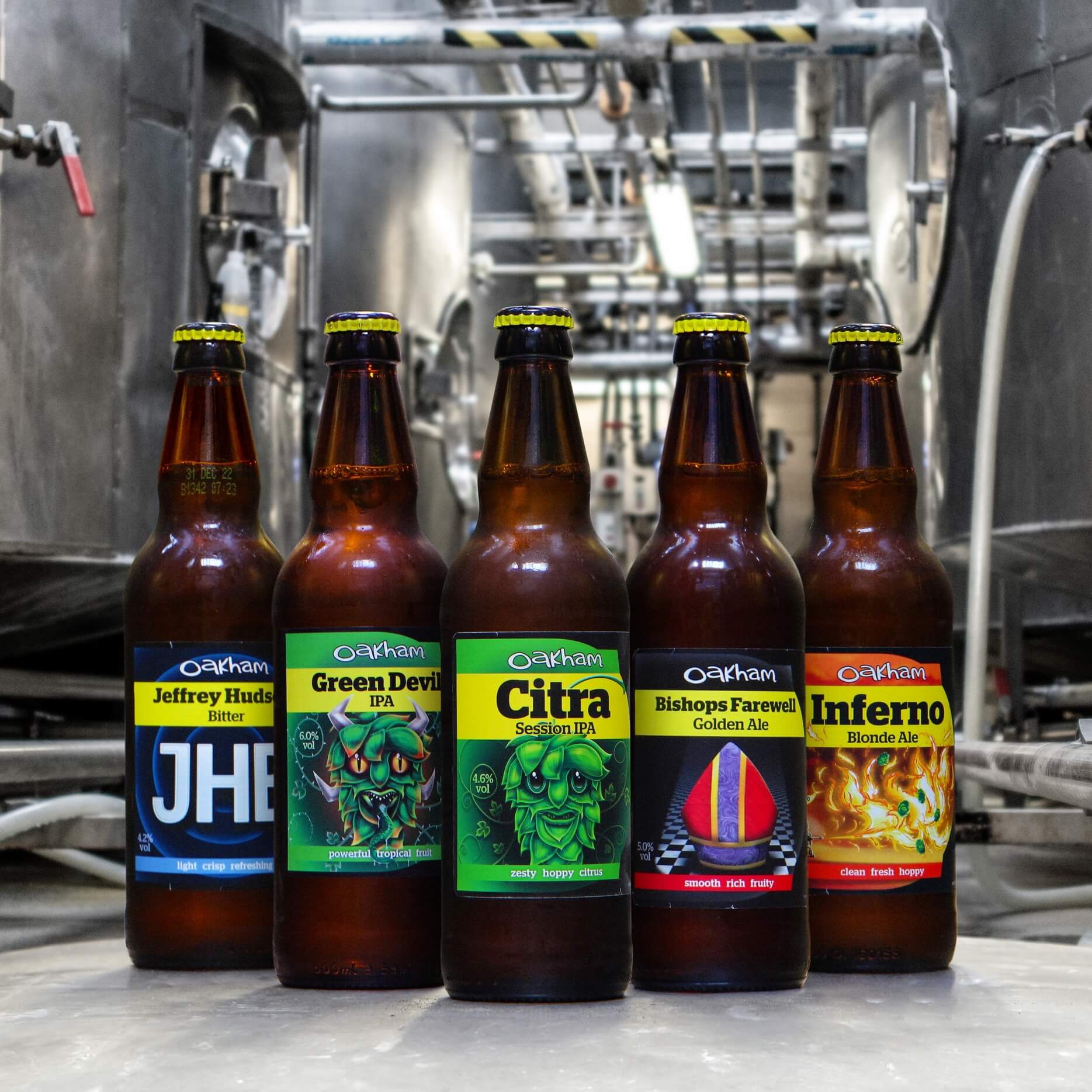 JHB, Green Devil IPA, Citra, Bishops Farewell and Inferno bottles